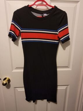 Divided Black Mini Dress with Red and Blue Stripe Detail